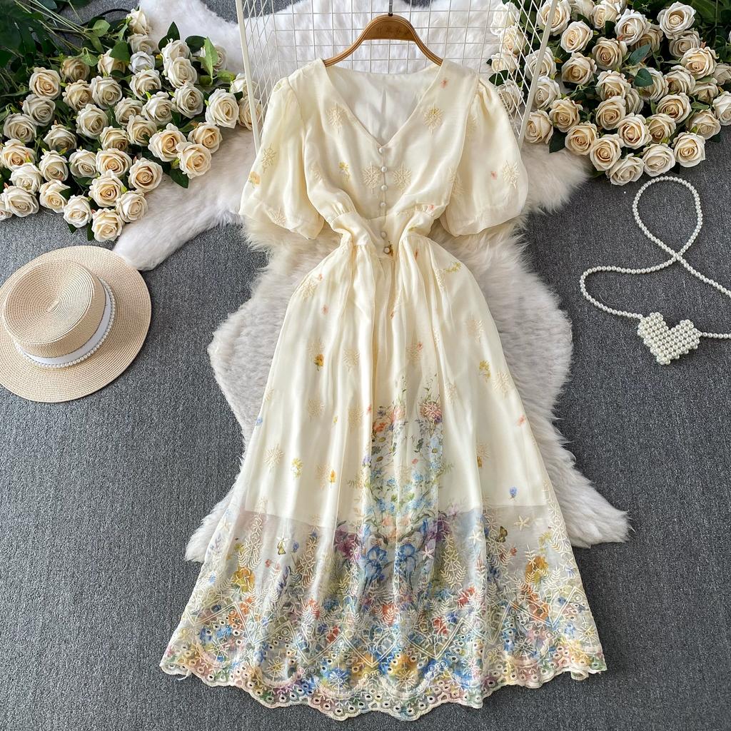Summer Vintage Hollow Out Embroidered Midi Dress Women's V-neck Short Sleeve Elastic Waist Slim Long Dress