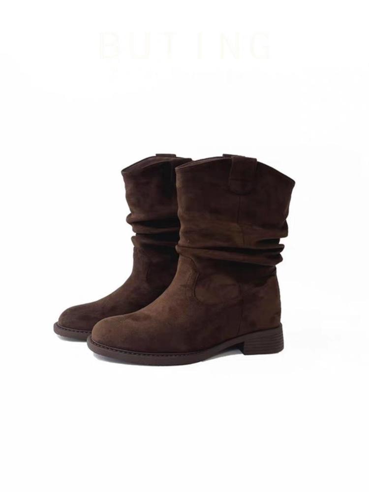 Sheepskin Version~ Sun Qian's Same Pleated Stacking Boots 2025 New Thick-heeled Maillard Mid-tube Western Boots, Thin Boots