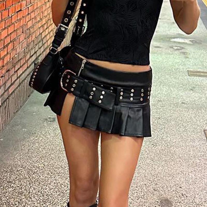 Women's Spice Girls Studded Belt Split Fashion Street Sexy Low Waist A-Line Leather Pleated Skirt