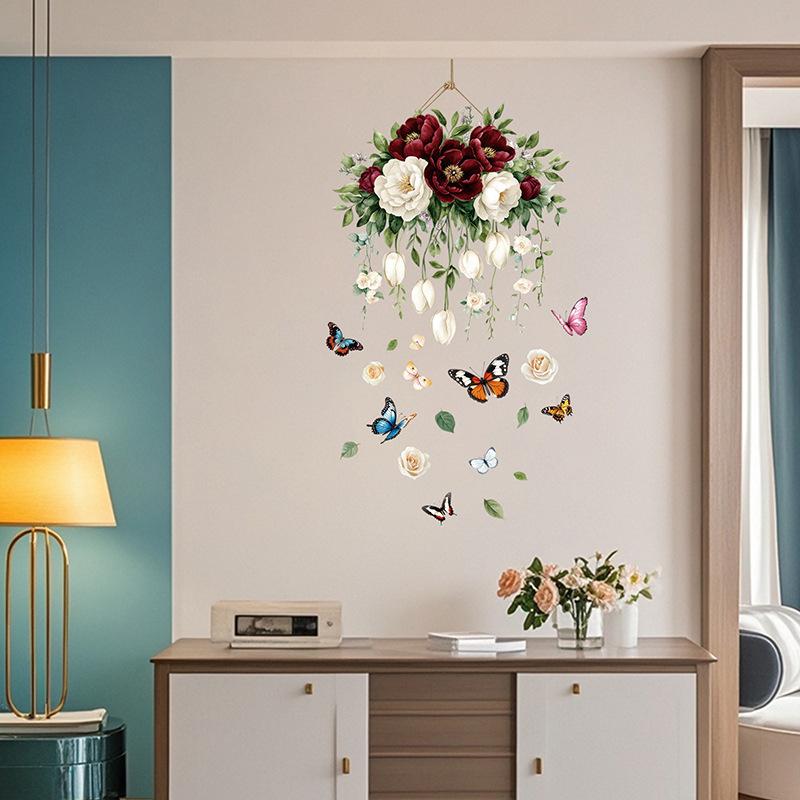 Camellia Peony Wall Stickers Self Adhesive Floral Hanging Basket Decal for Bedroom Girls Room Door Home Decor Vinyl Art