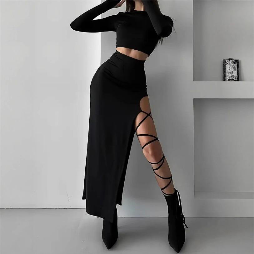Women's Autumn Solid Color Long Sleeve Top & Slim Fit Slit Lace-up Skirt Set