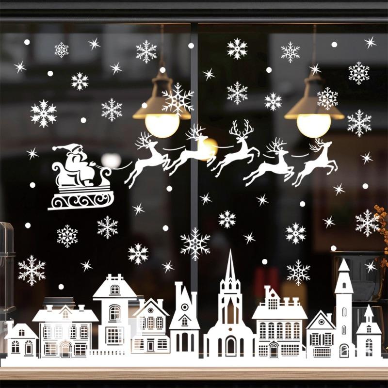 2026 New Static Christmas Window Stickers White Santa House Scene Non-Trace Removable Decals for Glass Home Party Decor