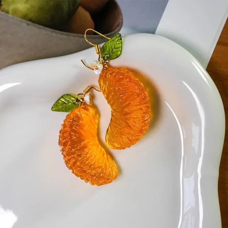 Orange-inspired Drop Earrings - Citrus Fruit with Green Leaf, Glossy Resin Y2K Jewelry, Sweet Summer Gift for Women