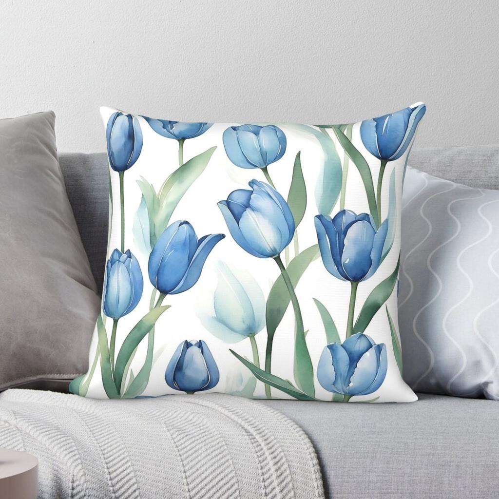 Watercolor Blue Tulip Square Pillowcase Polyester Linen Velvet Creative Zip Decorative Room Cushion Cover