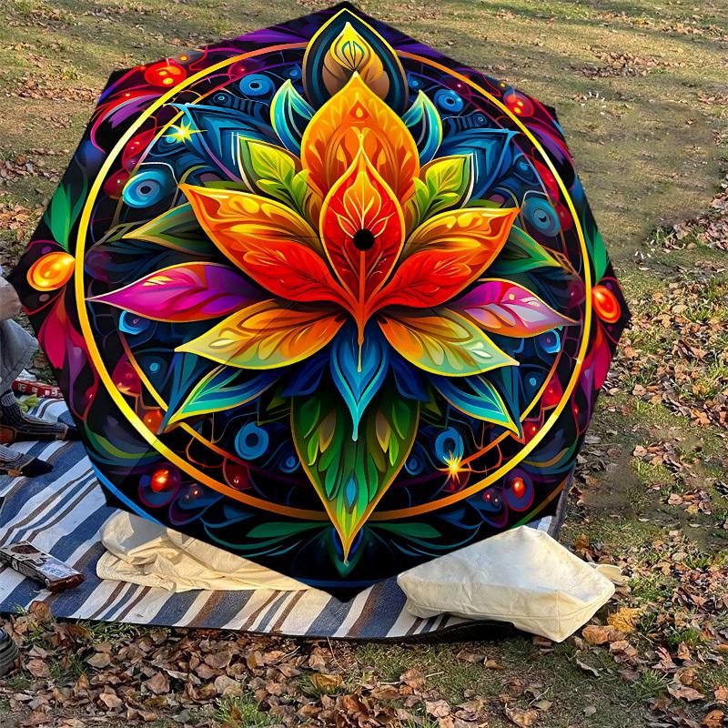 1PC Lotus Mandala Umbrella-8-Rib Reinforced, Automatic Open, Lightweight & Durable, Cute Fashion Accessory for Outdoor, Beach, or Casual Use, Beach Um