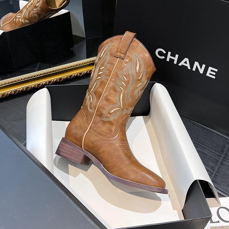 Square head mid-tube western cowboy boots versatile rough heel summer Martin boots retro embroidered knight boots women