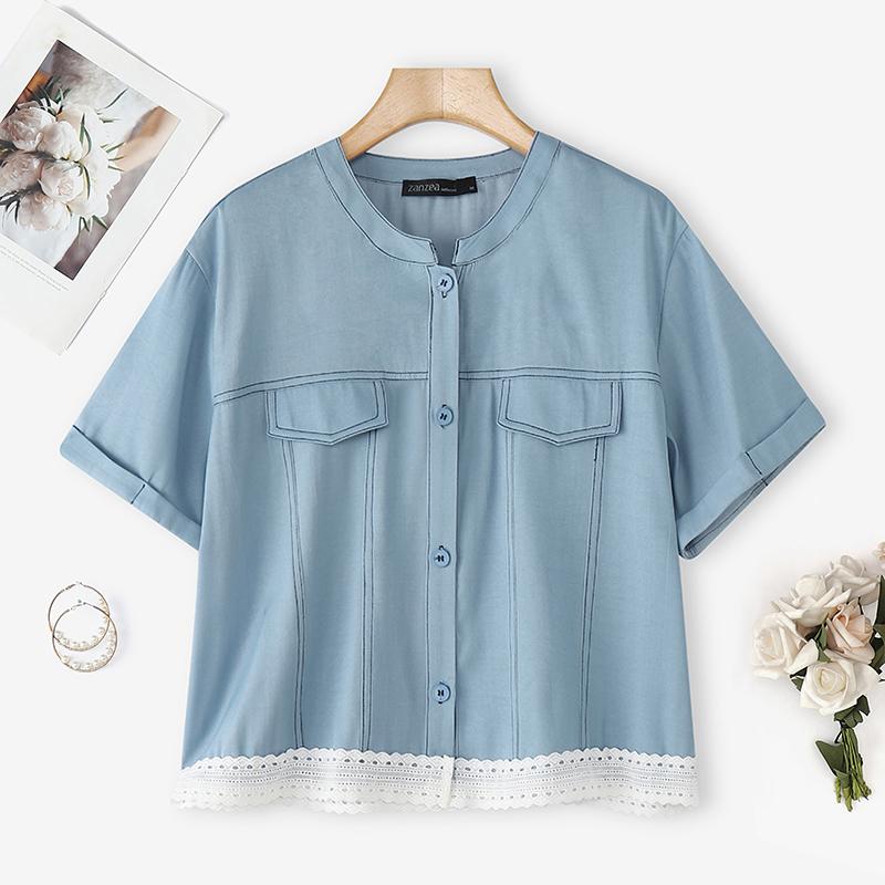 

ZANZEA Женская повседневная летняя блузка с круглым вырезом и коротким рукавом 5XL синий