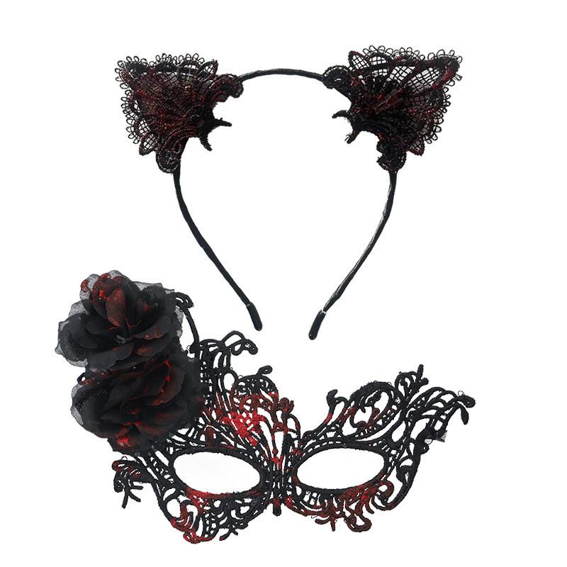 Anna Princess Lace Mask Set With Cat Ear Headband For Halloween And Costumes