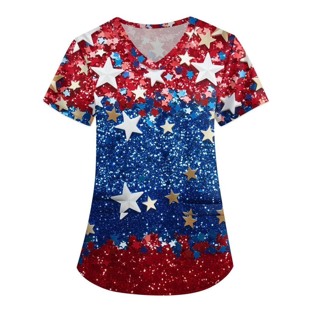 Women's Fashion V-Neck Short Sleeve Overalls With Pockets Print Tops Clothes