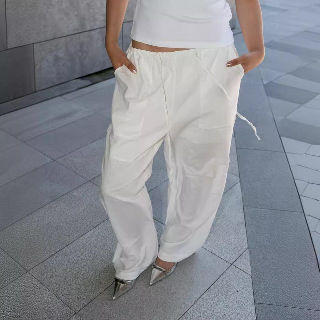 Women White Linen Blend Wide Leg Pants Drawstring Elastic Waist Loose Straight Casual Trousers