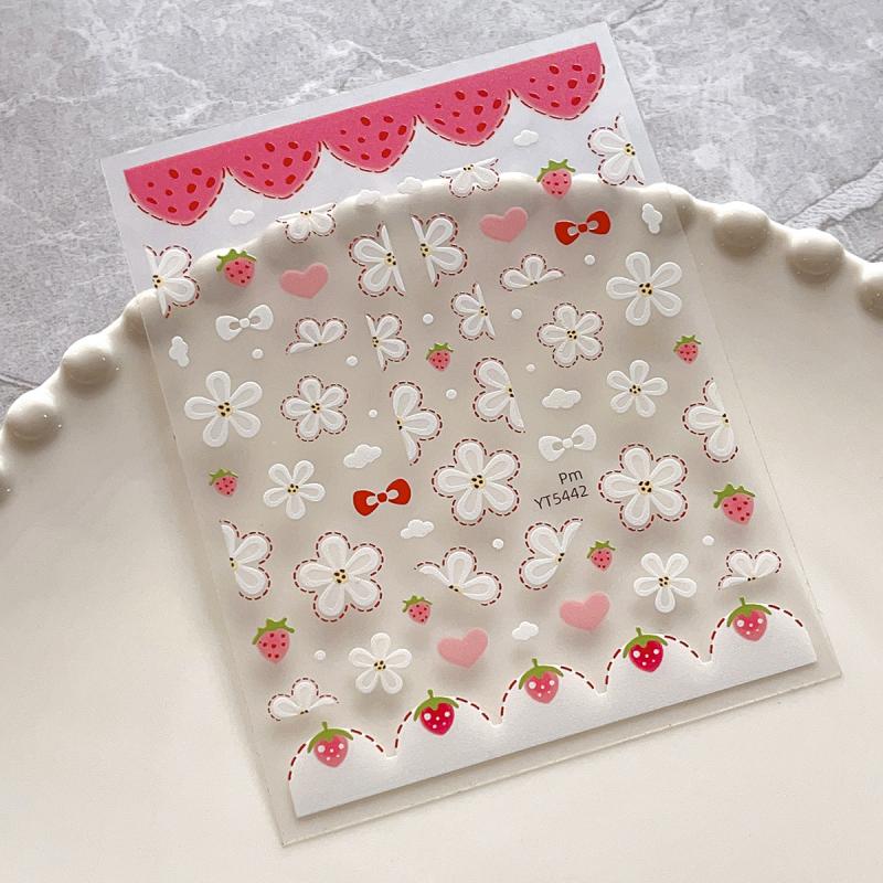 

1 Sheet Exquisite Flower Nail Sticker Colorful Floral Nail Decal Self-Adhesive Strawberry Bow Nail Art Sticker Decoration Diy