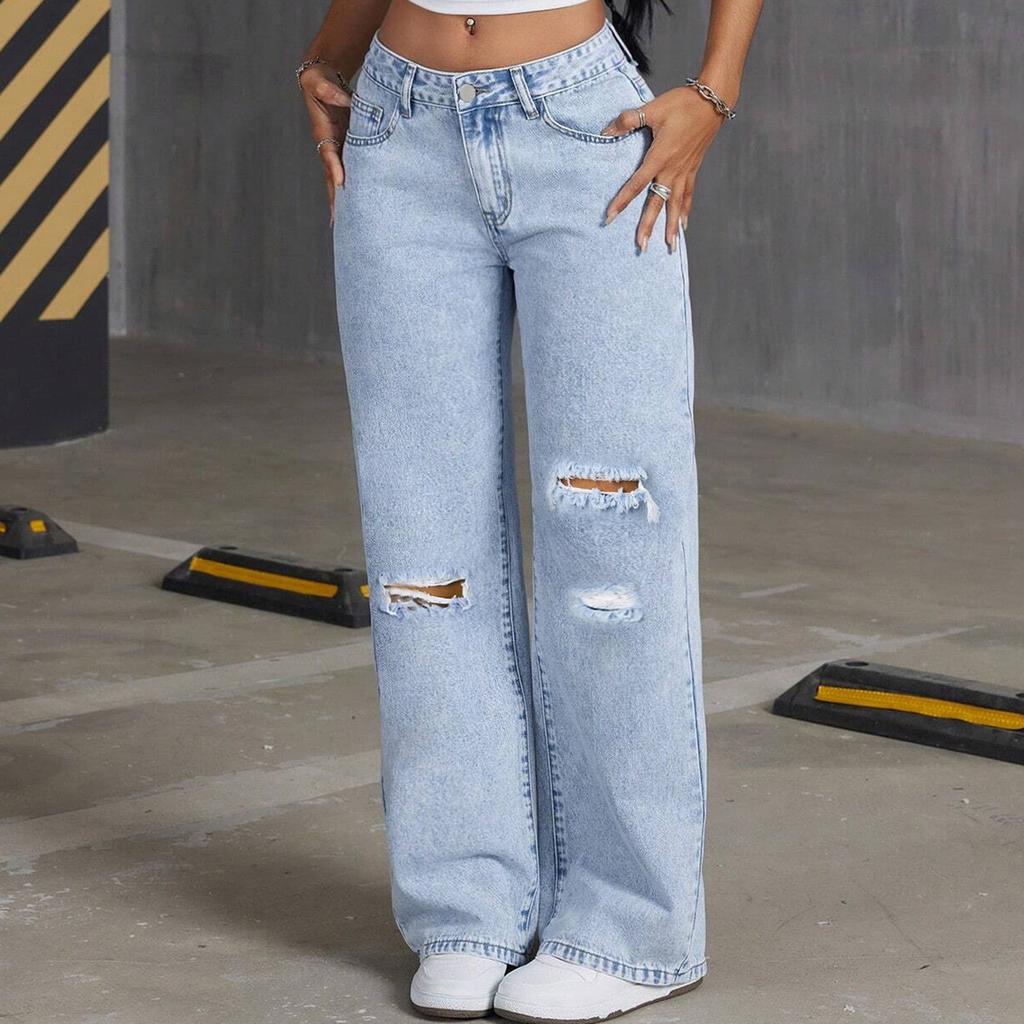 Women's Mid- Stretch Jeans Fashion Straight Leg Denim Pants With Pockets