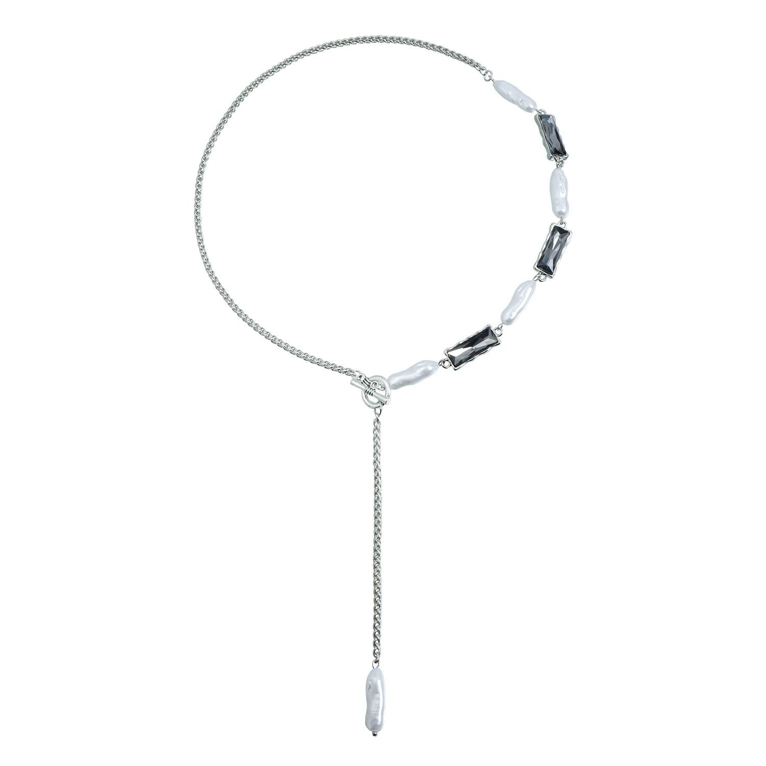 

Design Baroque Pearl Necklace Metal Square Diamond Splicing Long Chain Sweater Accessories