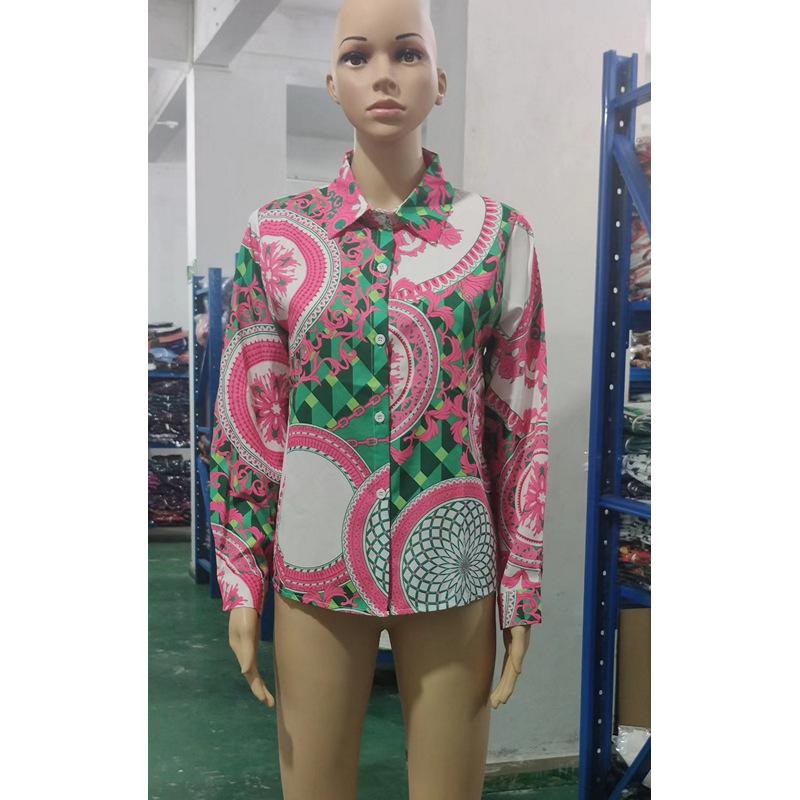 Foreign Trade European and American Women's Clothing Shirt Women's Spring and Autumn-Border Top Lapel Cardigan Printed Shirt Autumn Long Sleeve