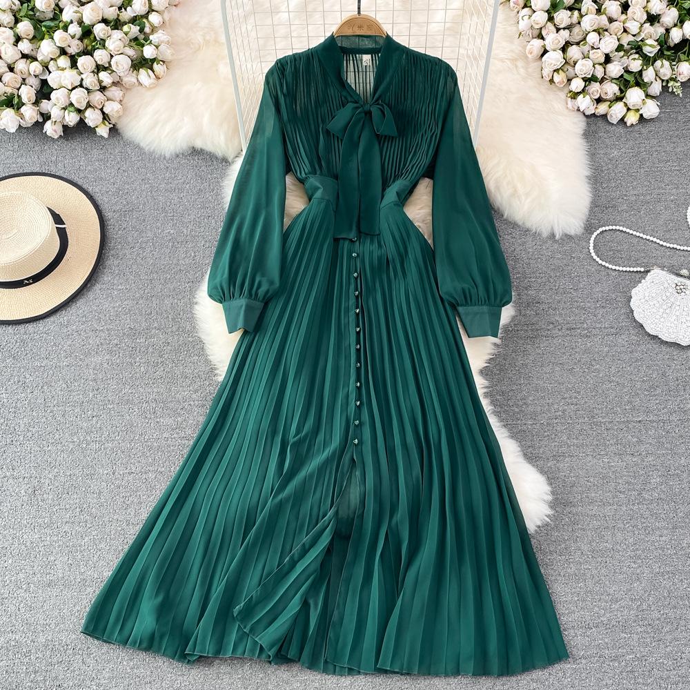 

Осеннее винтажное женское длинное платье, элегантное однобортное плиссированное макси с воротником-бабочкой и рукавом-фонариком, женские красные, фиолетовые платья One Size