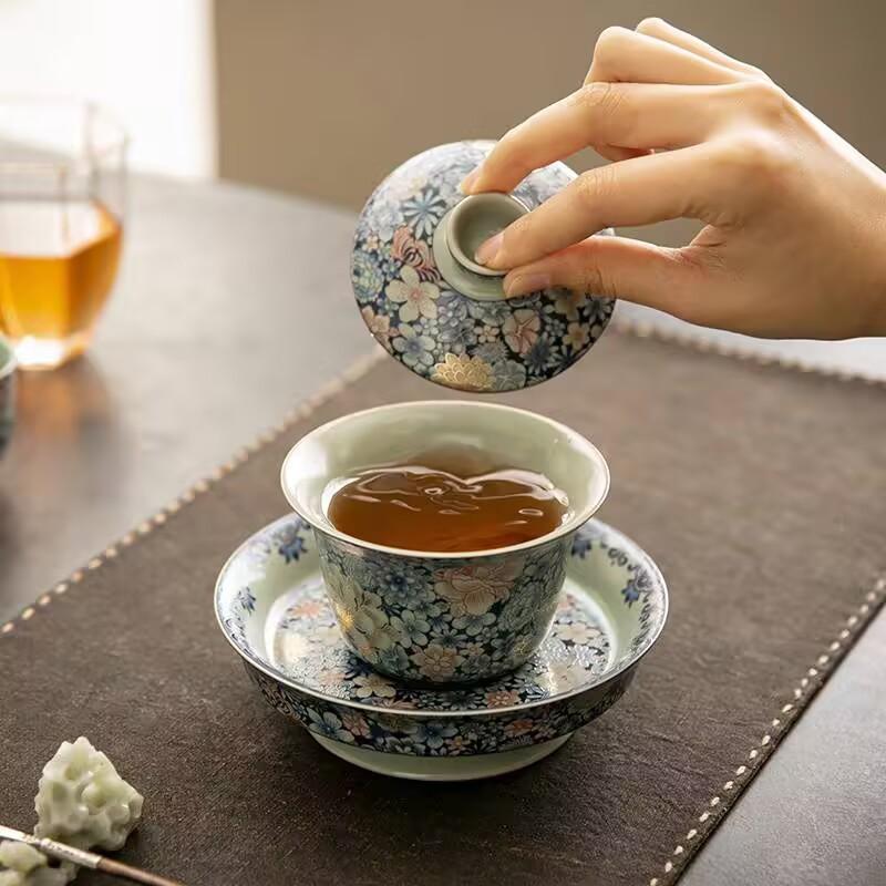 Blue And White Ru Kiln Sancai Cover Bowl Teacup Enamel Color Single High-End Tea Bowl With Lid Household Large Kung Fu Tea Set