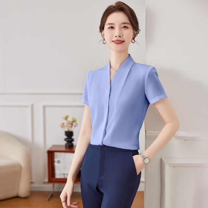 Trooman Women s V-Neck Short Sleeve Professional Blouse M