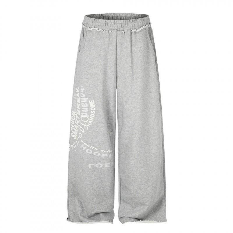 Unisex Vintage American Style Loose Fit Cotton Sweatpants Men Women Gray Casual Pants With Letter Print