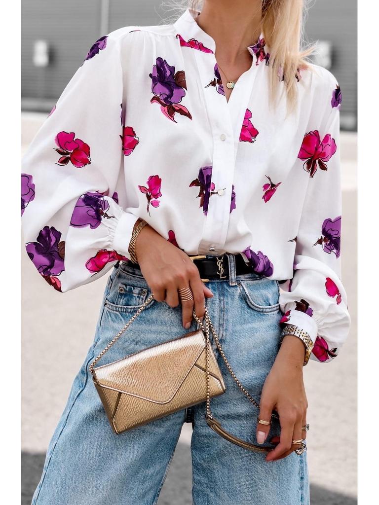 Autumn 2024 Floral Print Stand-up Collar Long Sleeve Shirt for Women - European & American Style
