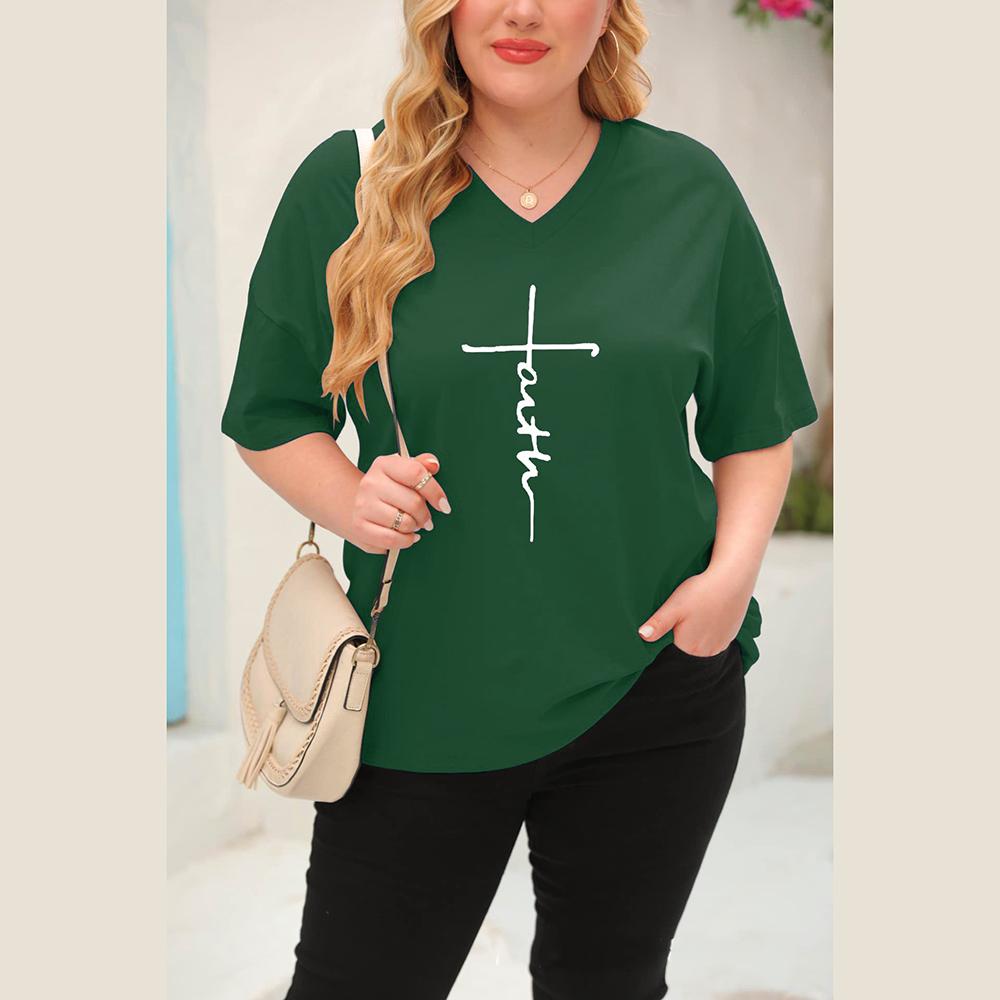 (XL~5XL) Женская однотонная свободная футболка с коротким рукавом с буквенным принтом — фото 8