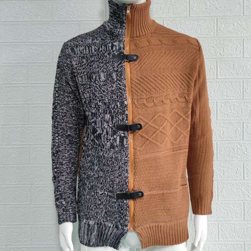 Men's Plus Size Color Block Buckle Knit Cardigan - High-Neck Long Sleeve Sweater for Autumn/Winter