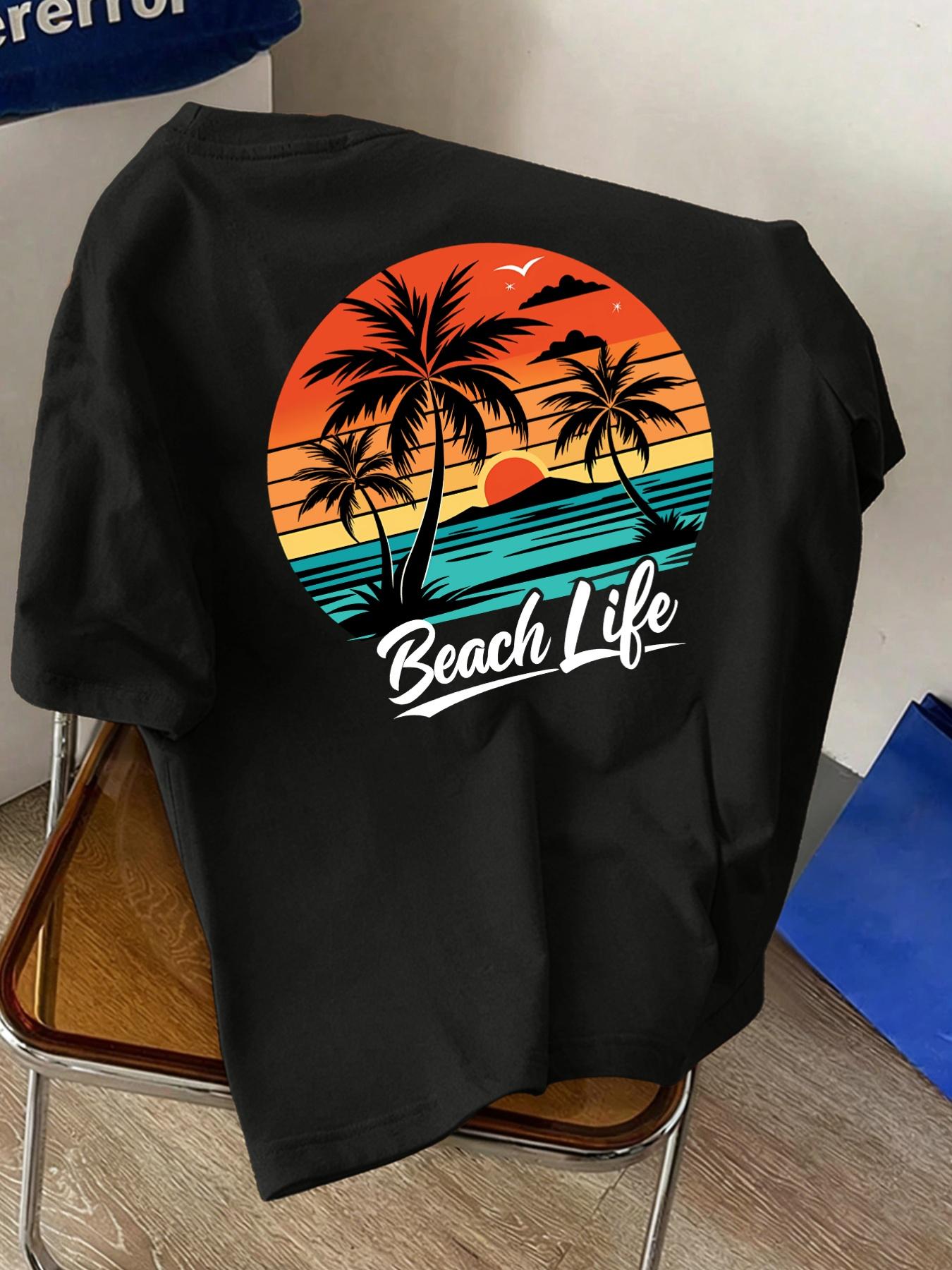 Beach Life Sunset Palm Tree Circle Graphic Tshirt Tropical Y2k Unisex Cotton Short Sleeve Summer Coastal Casual Daily Tops 3XL