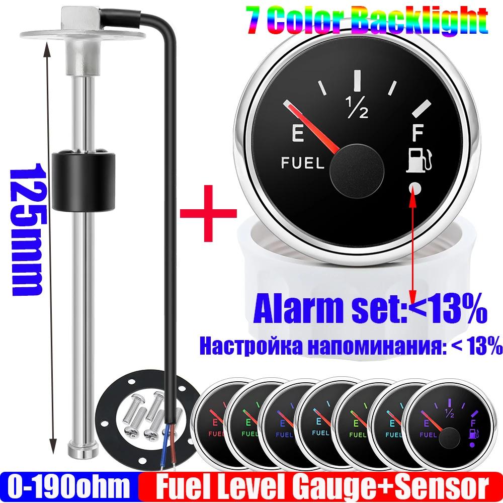 ZMFJH 2"52mm Fuel Level Gauge+Fuel Float Sensor 100-550mm 0-190 ohm Oil Tank Meter with Alarm 7 Color Light for Car Yacht 12V24V