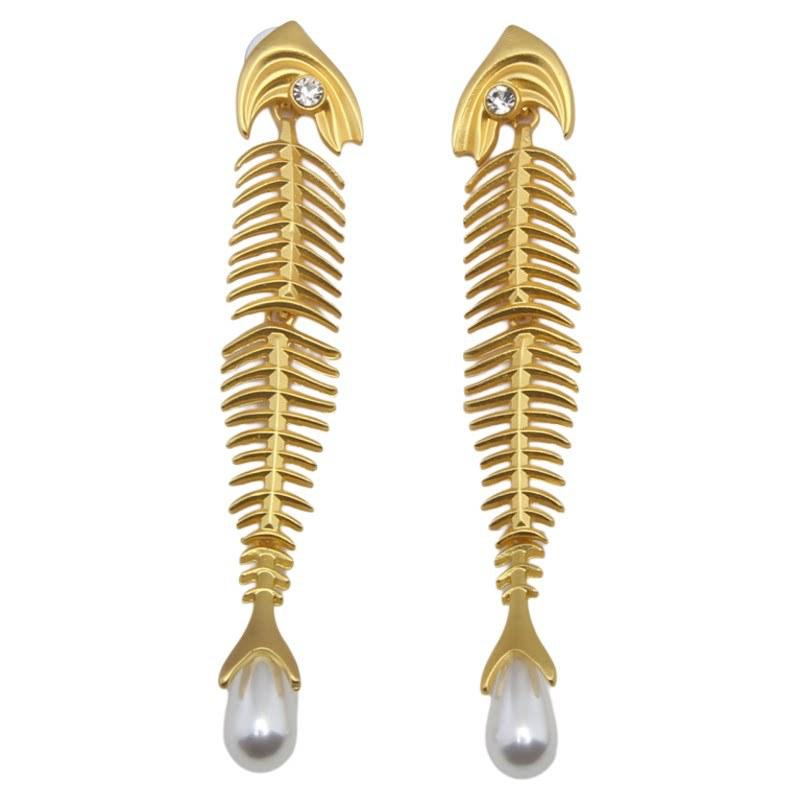 Y2K Punk Oversized Fishbone Drop Earrings for Women Gothic Metal Skeleton Pearl Zircon Long Earring Party Statement Jewelry
