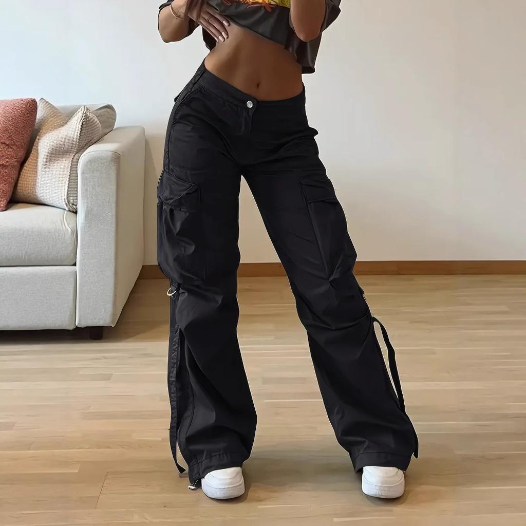 Black Cuffed Slim-Fit Quick-Dry Workwear Pants Straight-Leg Short-Sleeve Sporty Women's Lightweight Loose Summer Casual Pants