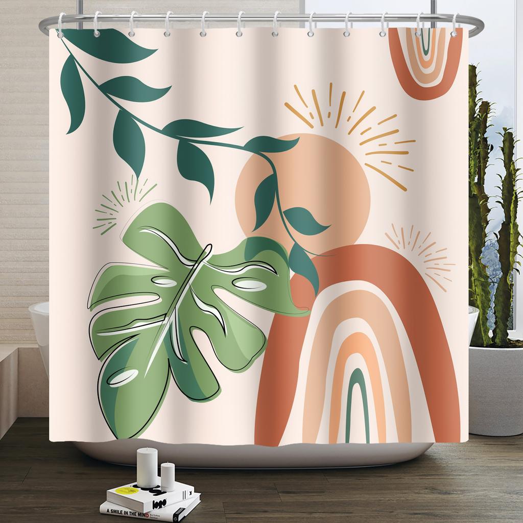 Mid Century Abstract Boho Shower Curtain Green Leaf Plant Modern Arch Sun Minimalist Nordic Waterproof Bathroom Bath Curtain