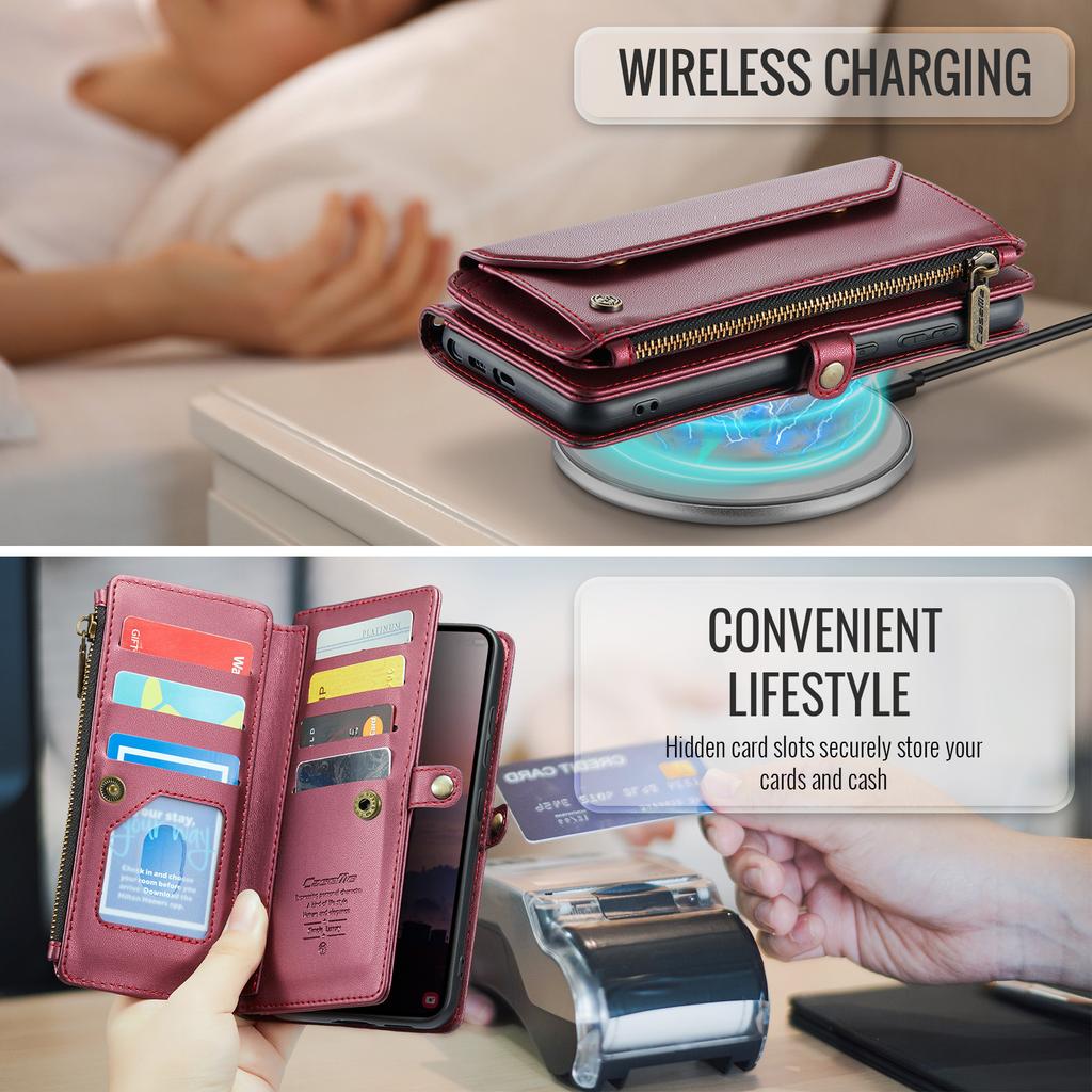 For Samsung Galaxy S26 Ultra Leather Case CASEME C36 Zipper 10 Card Slots Phone Cover with Straps