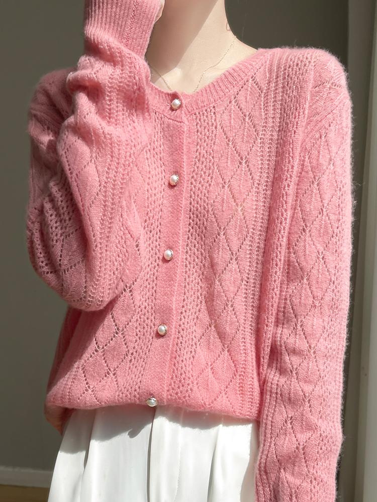 Spring Autumn Fashion Women's Crewneck Sweater Pearl Buckle Hollow Long Sleeve Knitted Cardigan Women