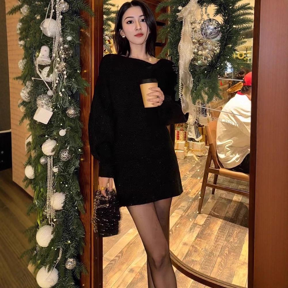 

Red Glitter Atmosphere Knit Sweater Dress - Slimming Autumn/Winter Fashion for Women Medium чёрный