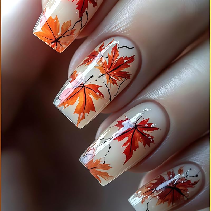 Fall Leaf Press on Nails Thanksgiving Pumpkin False Nails with Design Medium Square Artificial Stick on Nail Glossy Autumn Maple Leaves Acrylic Glue