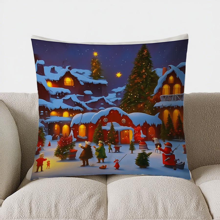 Home Decor Snowy Village Nighttime Decorative Throw Pillow Pattern Cushion Cover Suitable For Sofa Bedroom Car Pillow Cover