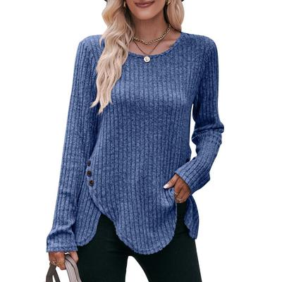 Autumn and Winter Women's Blouse Round Neck Pit Stripes Abrasion Solid Color Long Sleeve Tops