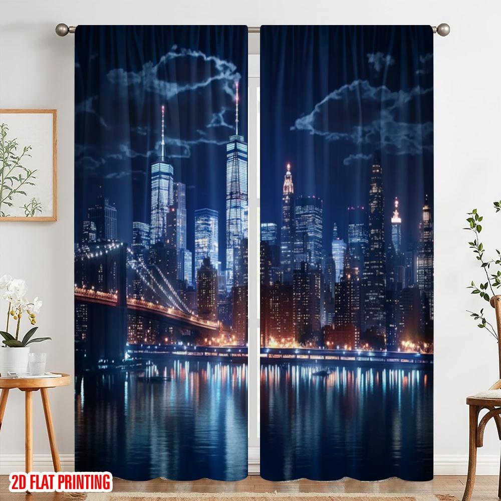 2pcs,2D plane printing Popular Curtains Nightscape Majesty Versatile Polyester (without rod) Outdoor Decorations Use for Home &