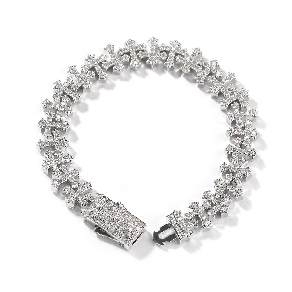 11.5mm Iced Out 5A CZ Brass Cross Link Bracelet Spring Clasp Vintage Religious Hip Hop Jewelry for Men