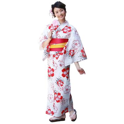 Yukata Rood en Zwarte Kersenbloesems op Wit Tokimeki Koi Yukata 3-delige Geta [Briljant Stuk] Dames Set, Achtergrond, Set, Yukata, Obi,