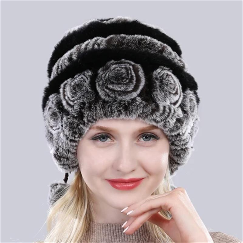 Hot Sale Winter Women Flowers Striped Natural Real Rex Rabbit Fur Hats Lady Warm Knit Genuine Fur Caps