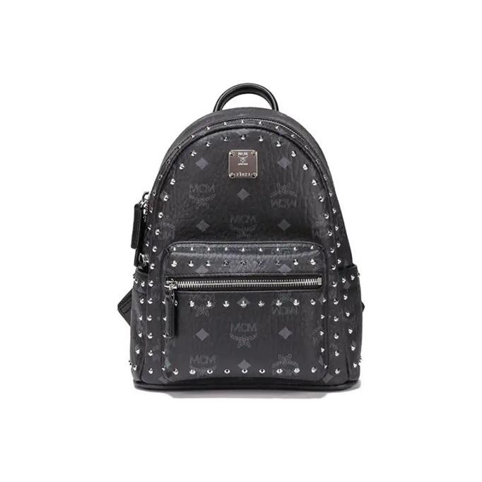 MCM Stark Monogram Studded Leather Backpack Unisex Backpack Black MMKAAVE03BK001