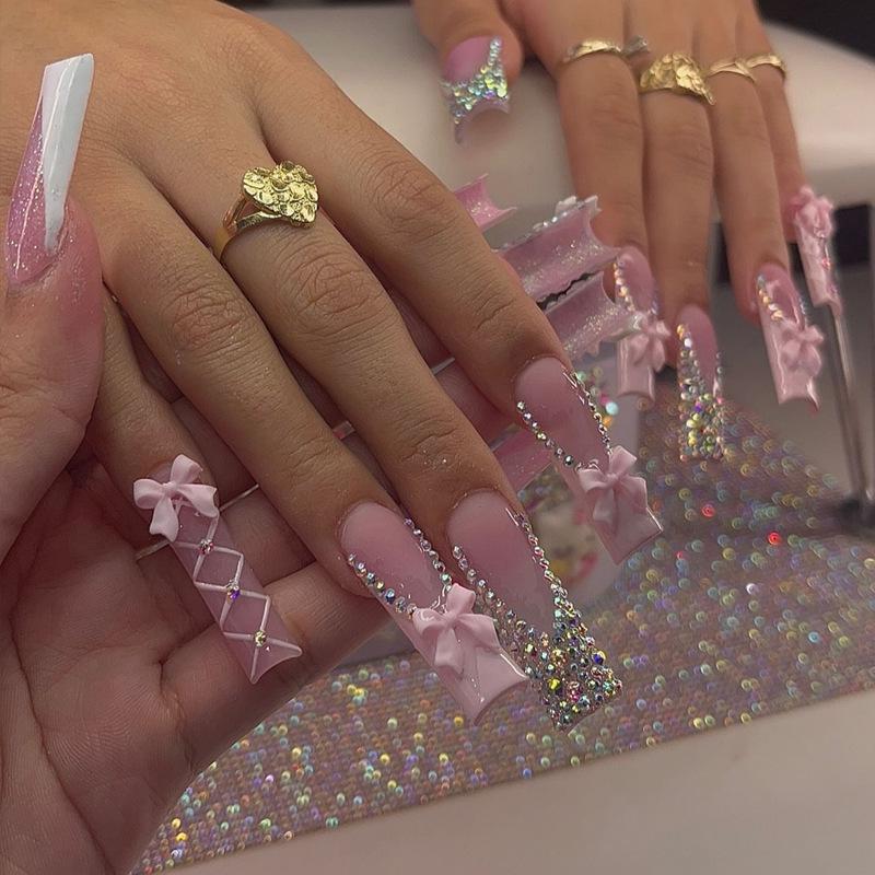 Long Wear Flash Color Diamond Bow False Nails - European & American Style