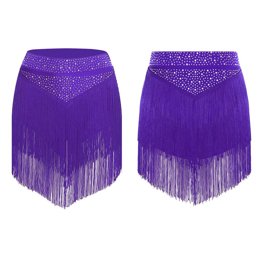 Womens Salsa Dance Costume Elastic Waist Tiered Tassel Skirt Latin Performance Competition Outfit Party Wear