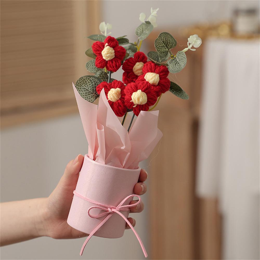 Artificial Flower Rose Vase Decor Crochet Knitted Wool Sunflower Handmade Woven Finished Bouquet Birthday Valentine's Day Gifts