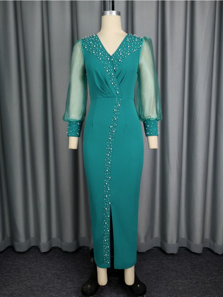 Luxury Guest Wedding Party Dresses Women Elegant V Neck Sheer Tulle Mesh Long Lantern Sleeves Beading Slit Fashionable Gowns