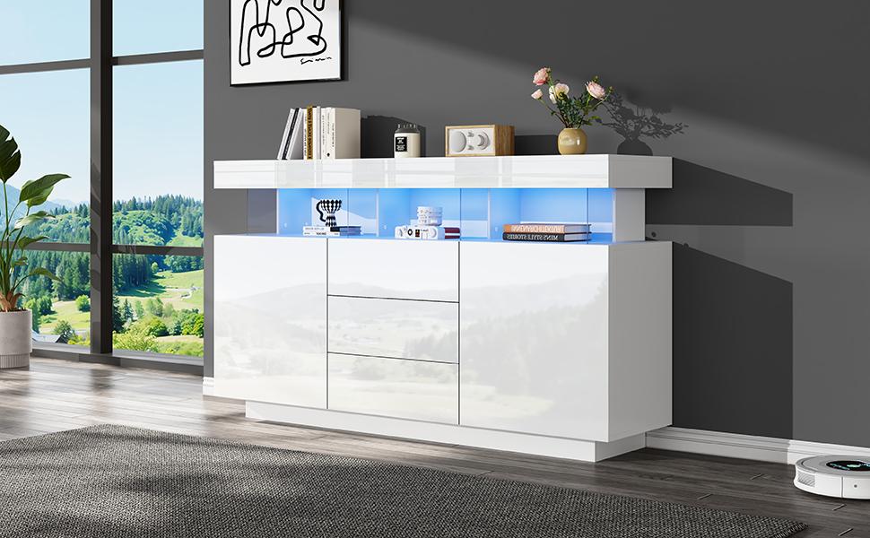 140 x 35 x 80 cm Modernes Hochglanz Acryl Sideboard mit 16-farbigem LED-Streifen, Kaffeebar, Geeignet für Esszimmer, Küche, Flur (Weiß)