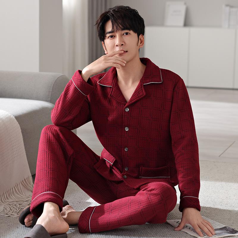 Air cotton sandwich pajamas men's autumn and winter thickened pure cotton long-sleeved men's winter thin padded large-size loungewear
