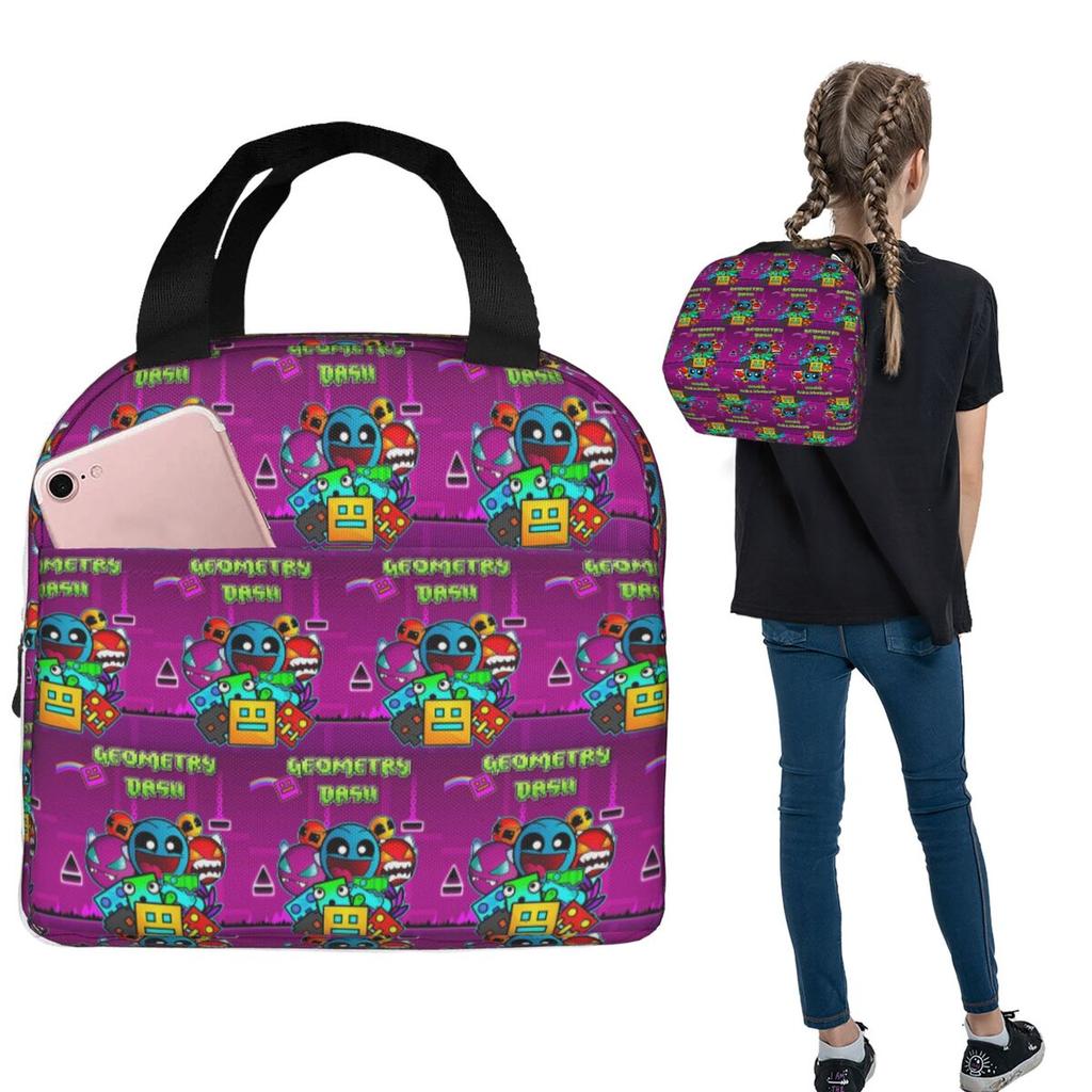 Video Game Geometry Dash Insulated Lunch Bag for Women Children Portable Food Boxes Thermal Lunch Box Tote