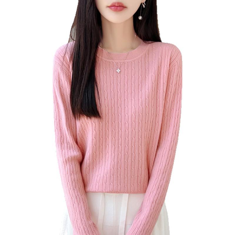 2026 Autumn Women's Round Neck Cable Knit Jacquard Pullover Sweater, Long Sleeve