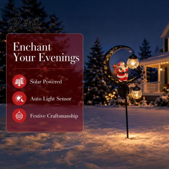 Santa Claus Lawn Ornaments Garden Stake Light, Solar Powered Crescent Moon Lamp, Double Decorative Metal Glass Globes, Christmas Waterproof